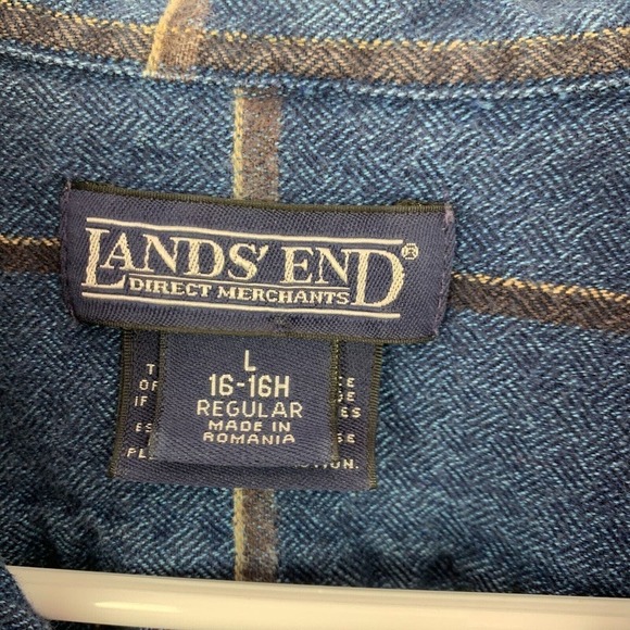 Vintage Lands's End Blue Grunge Plaid Button Shirt Mens Large 16 - Picture 4 of 5